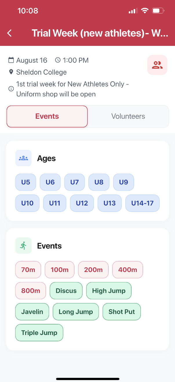 SplitFast Club Connect app meet details Events tab showing Trial Week with age groups U5 to U14-17 and full event program including track and field events